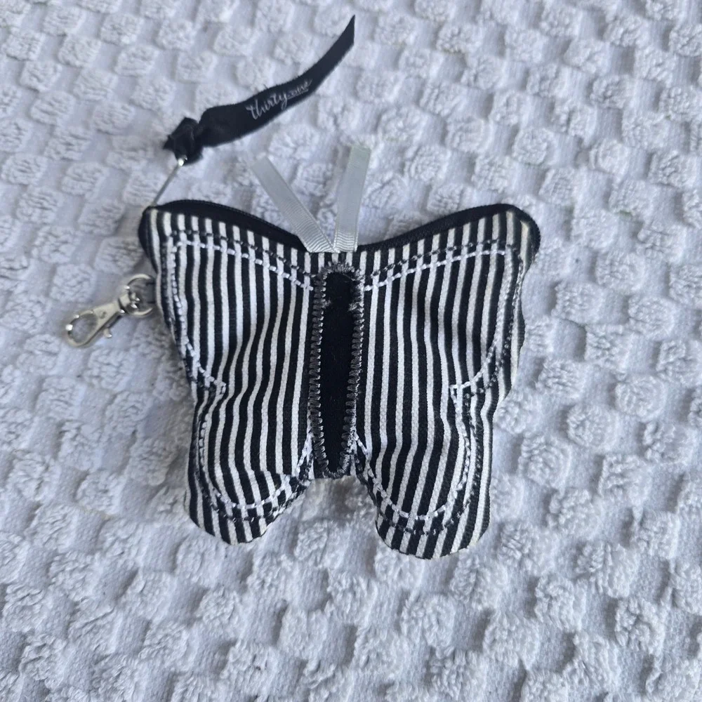 Thirty-One Butterfly Coin Purse Black White Striped Mini Pouch Clip‎ On Y2K